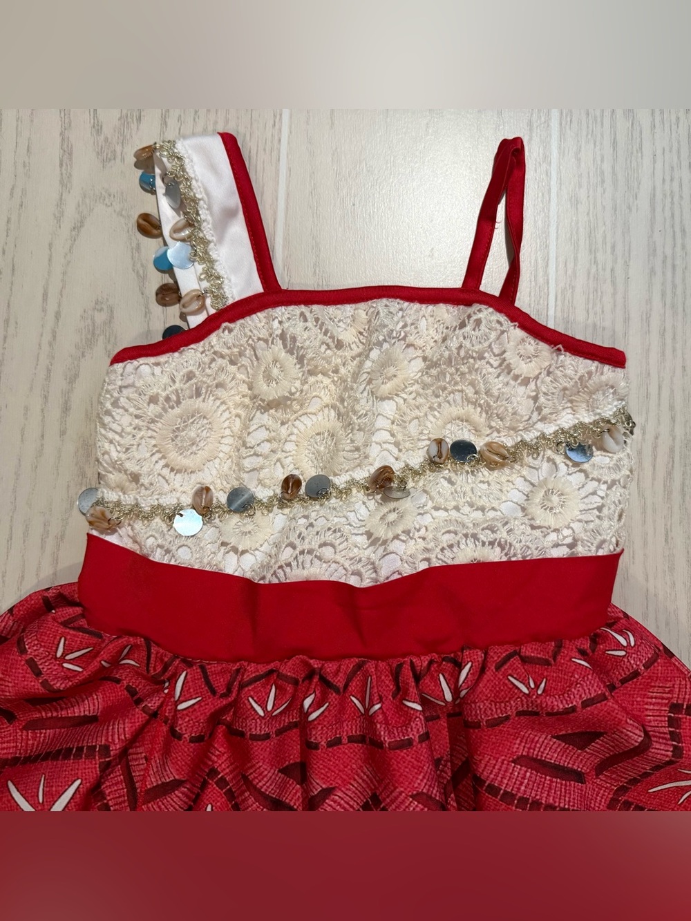 Moana Inspired Girls Costume Dress Size 120 5/6 Red White Fringe Beaded - Picture 2 of 14